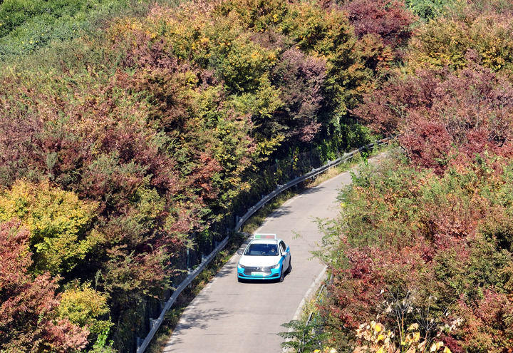 “云公交”轿车在江苏省常州市市郊道路上行驶（2025年11月10日摄，无人机照片）。常州市在部分市郊地区开行轿车“云公交”，采用预约响应模式替代传统的定时班次模式，变“等公交”为“打公交”，实现从“人等车”到“车接人”的转变，既节约乘客的等车时间，又能避免车辆空跑，方便市郊群众出行。新华社发（陈暐 摄）