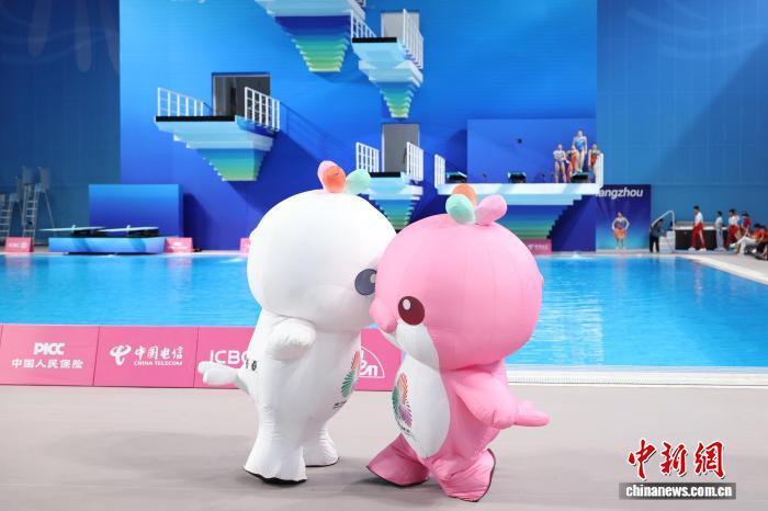 11月11日，第十五届全国运动会跳水项目女子3米跳板决赛在广东省奥体中心游泳跳水馆举行。图为比赛前，十五运会吉祥物带来暖场表演。　中新社记者 陈楚红 摄