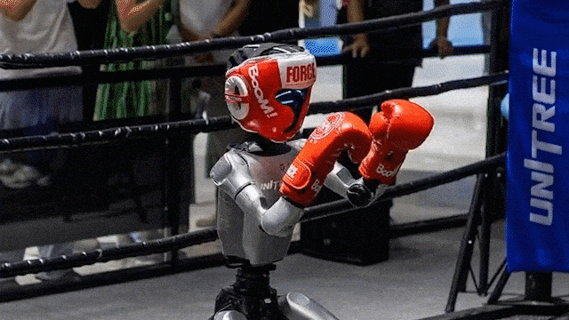 浙江杭州宇树人形机器人参加拳击格斗比赛。