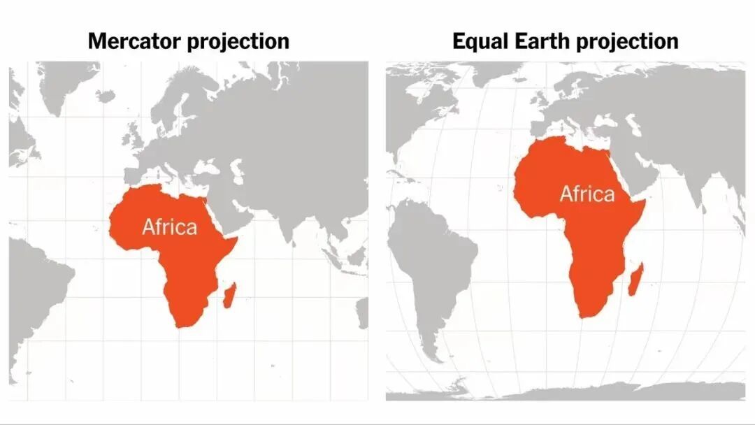 墨卡托投影法绘制的地图（左）和“平等地球投影法”绘制的地图（右）对比